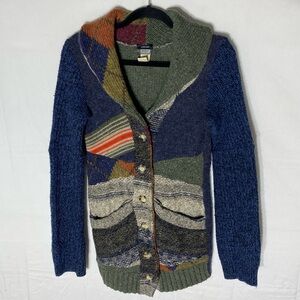 Preloved Handcut Multicolour Patchwork Wool Cardigan Sweater Hoodie XS Boho